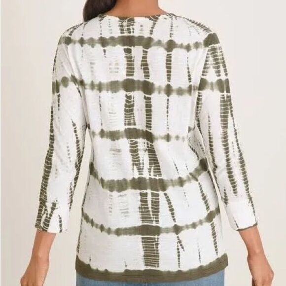 Chico's Women's Green and White 3/4-Sleeve Tie-Dye Cotton Top - Picture 1 of 8